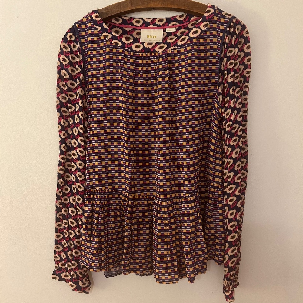 Maeve Anthropologie Cheyenne Peplum Blouse Boho Viscose Long Sleeve‎ Sz Medium